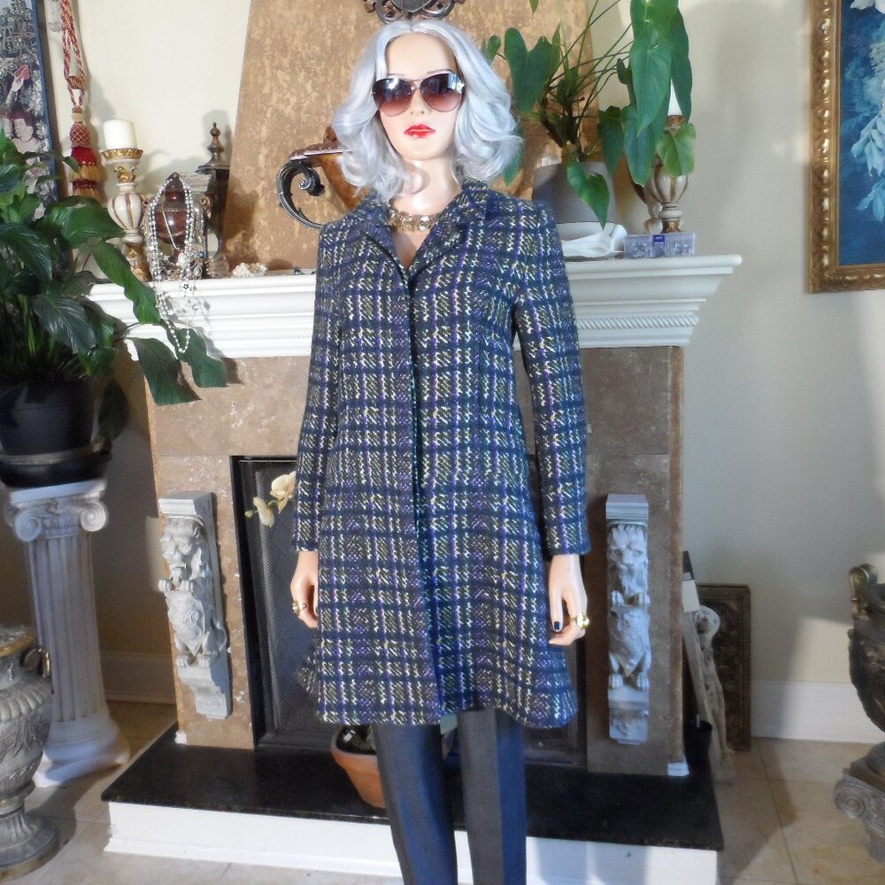 Marni Wool Blend Black Multi Herringbone/Plaid Swing Pea Coat Size IT 38- US 2